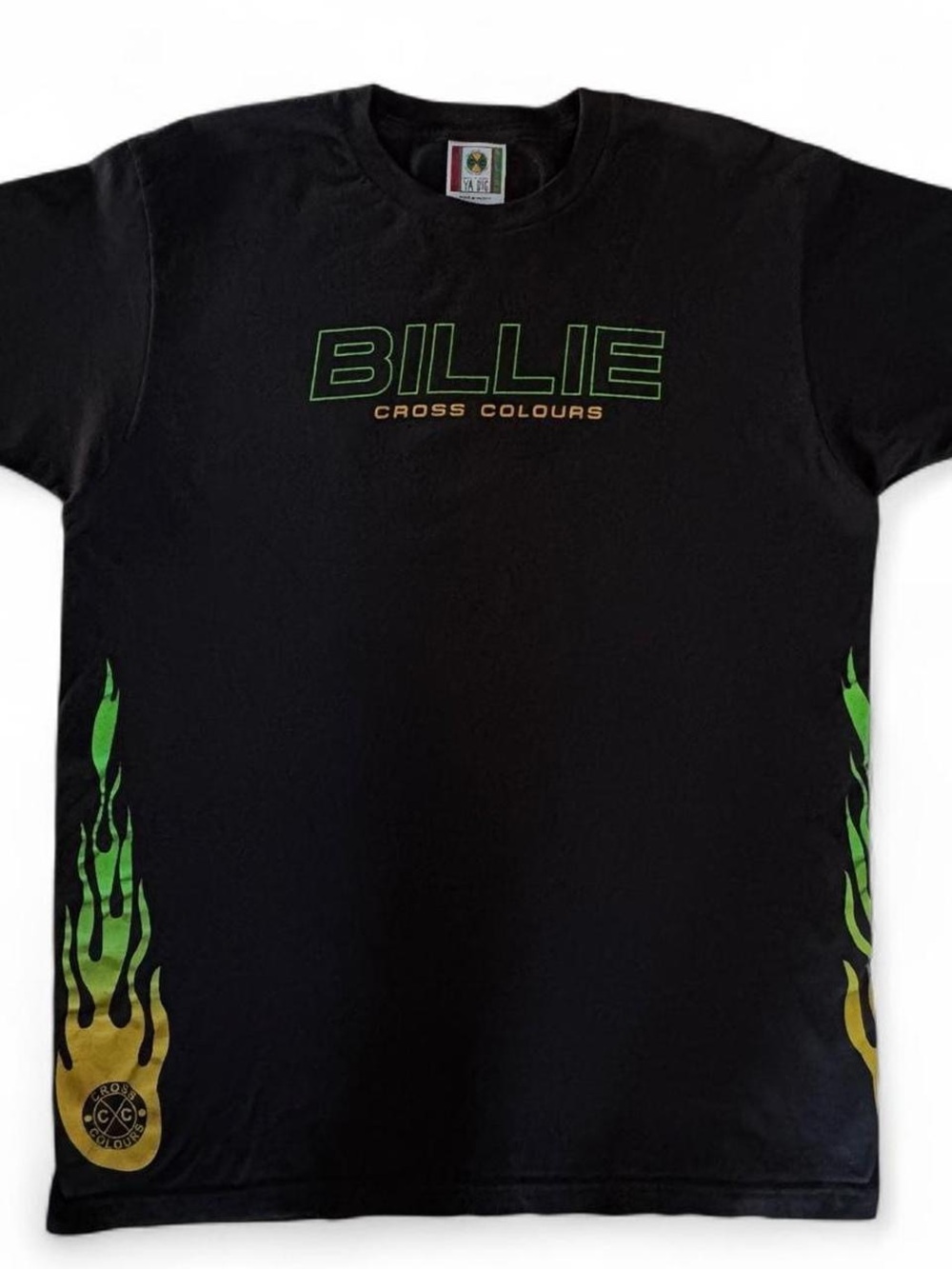 Billie Cross Colours Black Short Sleeve Tee with Green & Yellow Flame Accents